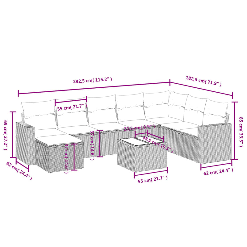 9 Piece Garden Sofa Set with Cushions Grey Poly Rattan