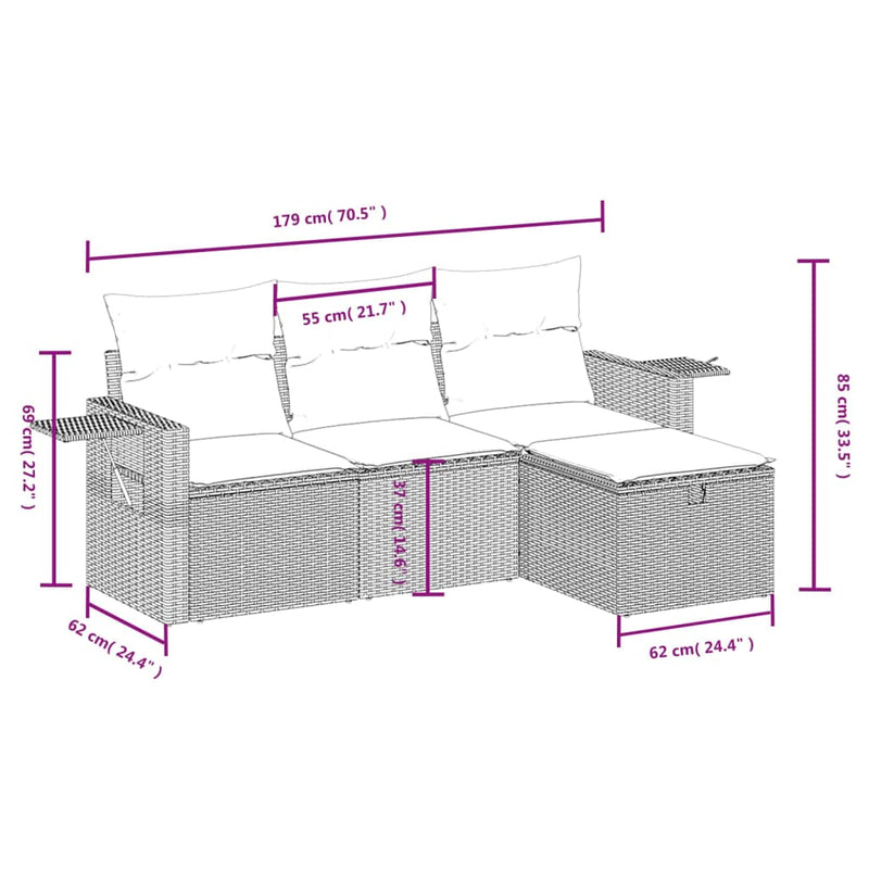 vidaXL 4 Piece Garden Sofa Set with Cushions Grey Poly Rattan