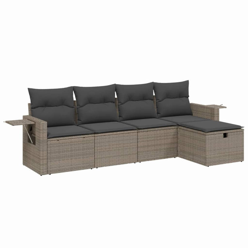 5 Piece Garden Sofa Set with Cushions Grey Poly Rattan