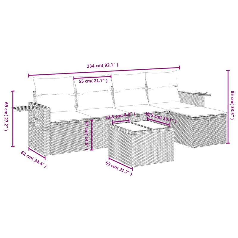 vidaXL 6 Piece Garden Sofa Set with Cushions Grey Poly Rattan
