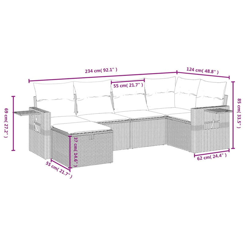 vidaXL 6 Piece Garden Sofa Set with Cushions Grey Poly Rattan