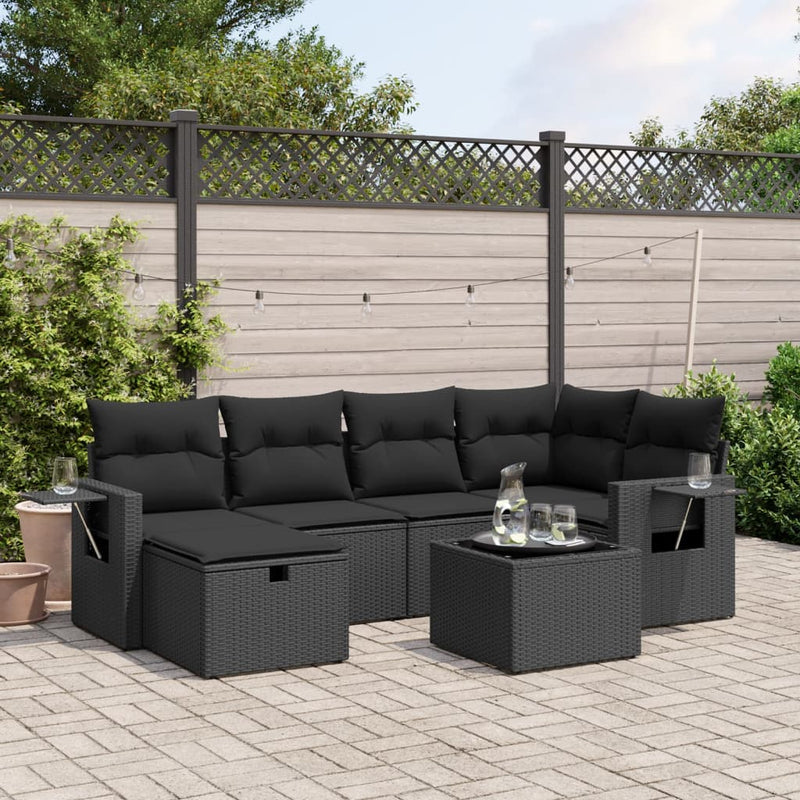 vidaXL 7 Piece Garden Sofa Set with Cushions Black Poly Rattan