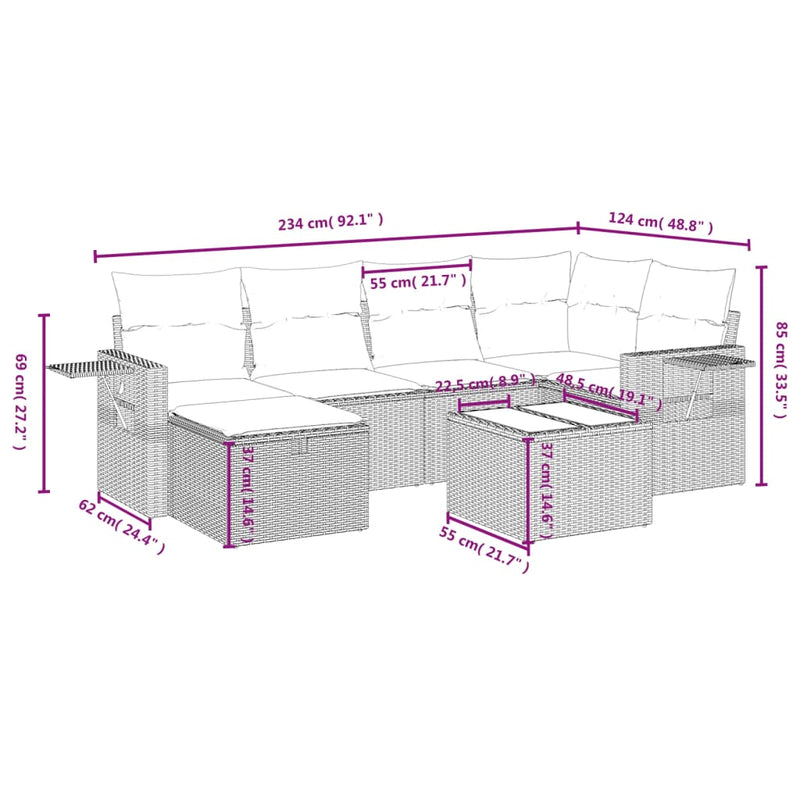 vidaXL 7 Piece Garden Sofa Set with Cushions Grey Poly Rattan
