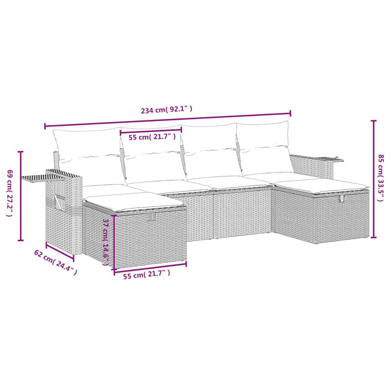 vidaXL 6 Piece Garden Sofa Set with Cushions Grey Poly Rattan