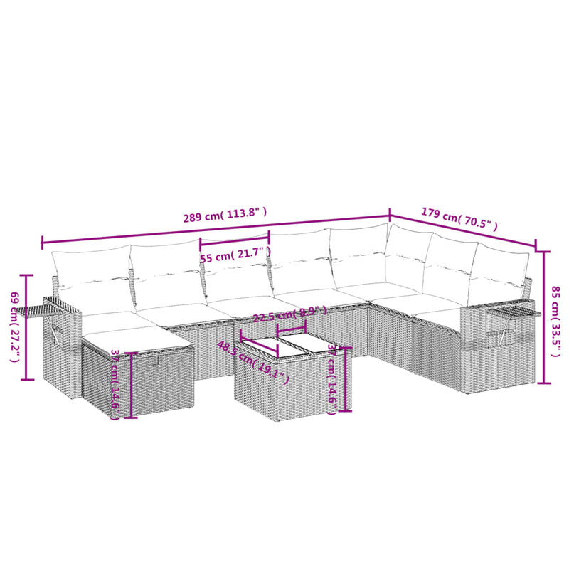 vidaXL 9 Piece Garden Sofa Set with Cushions Grey Poly Rattan