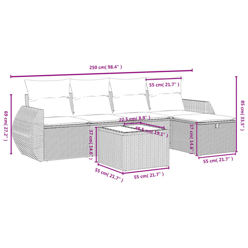 vidaXL 6 Piece Garden Sofa Set with Cushions Grey Poly Rattan