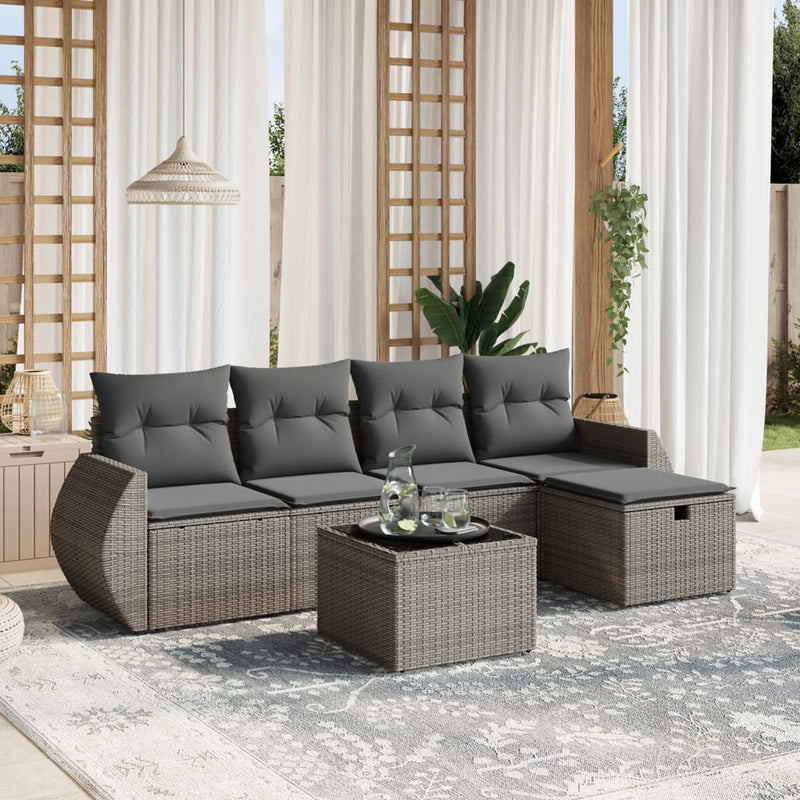 vidaXL 6 Piece Garden Sofa Set with Cushions Grey Poly Rattan