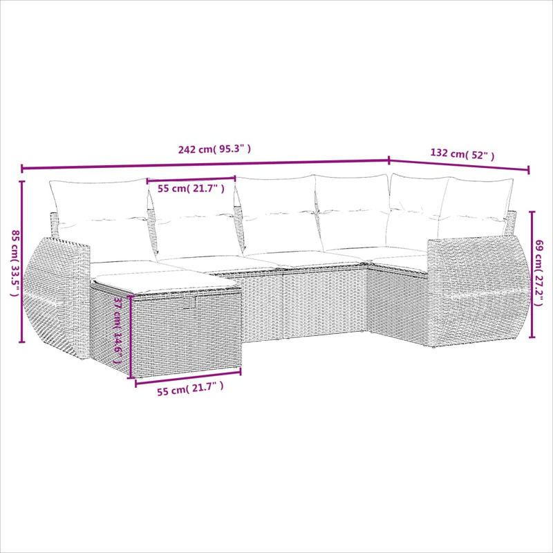 vidaXL 6 Piece Garden Sofa Set with Cushions Grey Poly Rattan