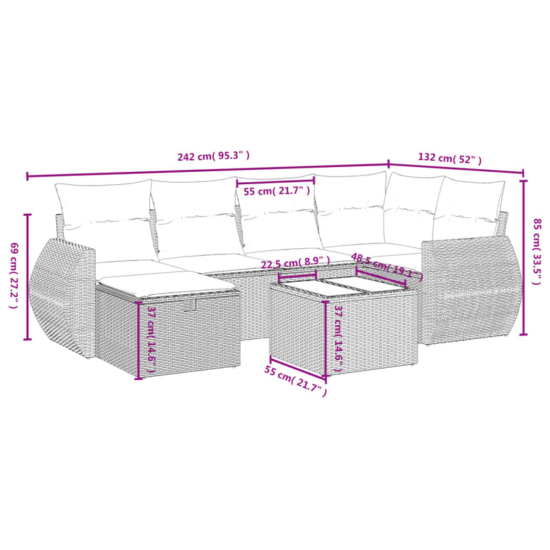 vidaXL 7 Piece Garden Sofa Set with Cushions Grey Poly Rattan
