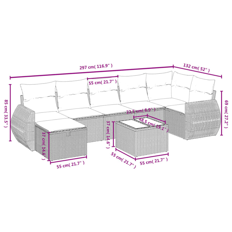 vidaXL 8 Piece Garden Sofa Set with Cushions Grey Poly Rattan