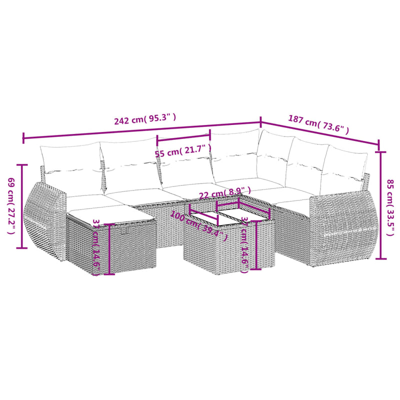 vidaXL 8 Piece Garden Sofa Set with Cushions Grey Poly Rattan
