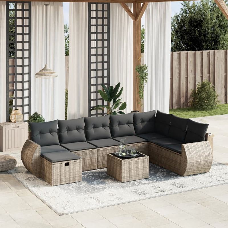 9 Piece Garden Sofa Set with Cushions Grey Poly Rattan