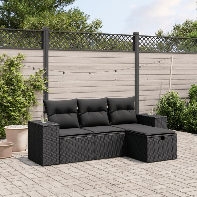 vidaXL 4 Piece Garden Sofa Set with Cushions Black Poly Rattan