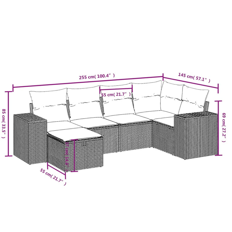 6 Piece Garden Sofa Set with Cushions Grey Poly Rattan