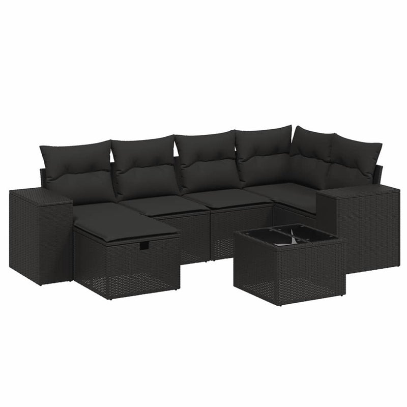 vidaXL 7 Piece Garden Sofa Set with Cushions Black Poly Rattan