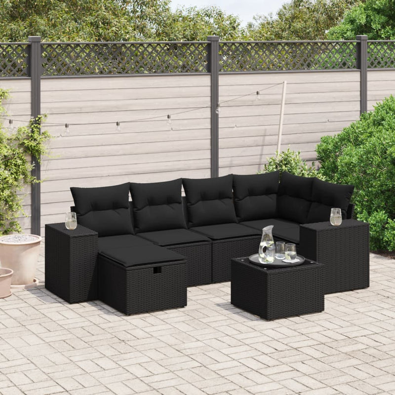 vidaXL 7 Piece Garden Sofa Set with Cushions Black Poly Rattan