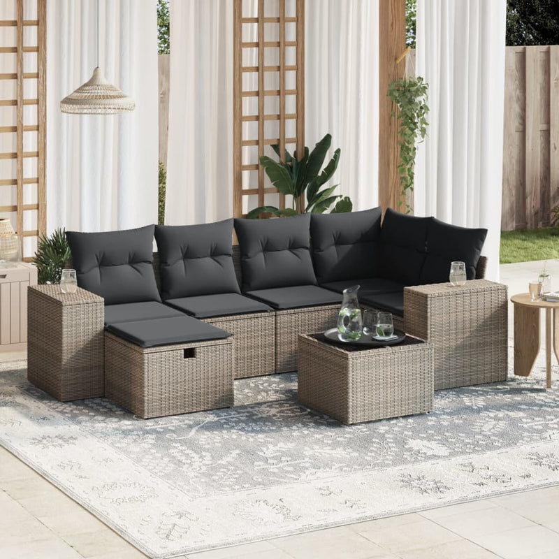 7 Piece Garden Sofa Set with Cushions Grey Poly Rattan