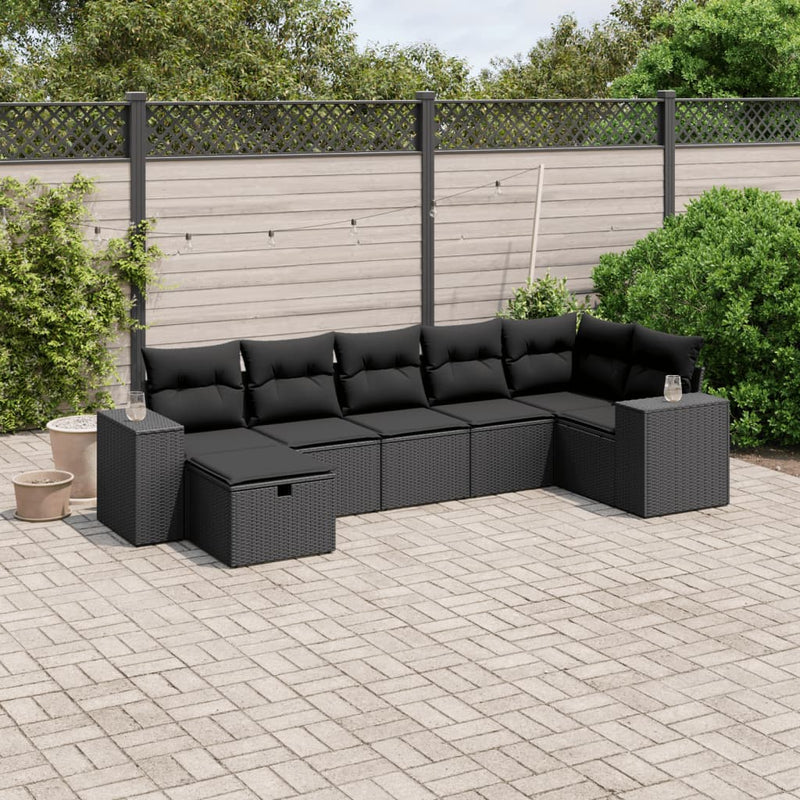 vidaXL 7 Piece Garden Sofa Set with Cushions Black Poly Rattan