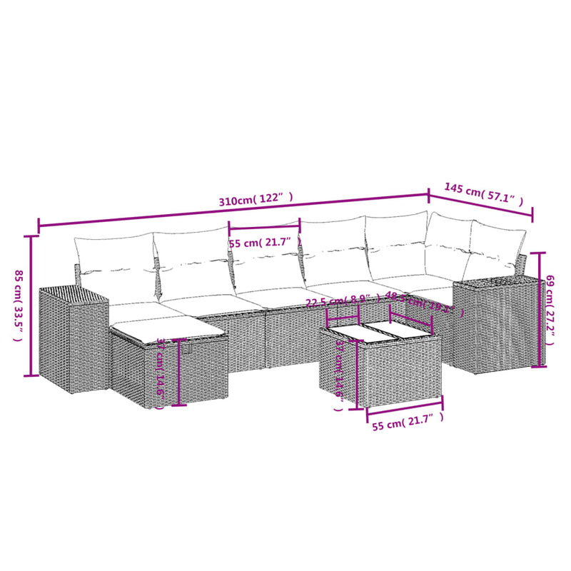 vidaXL 8 Piece Garden Sofa Set with Cushions Black Poly Rattan