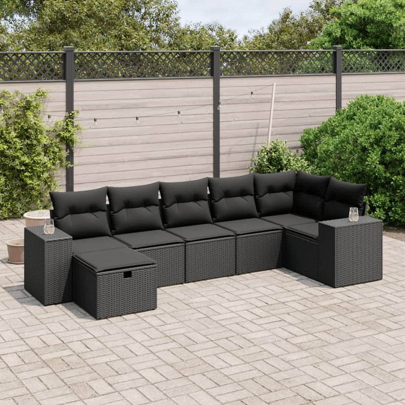 vidaXL 7 Piece Garden Sofa Set with Cushions Black Poly Rattan