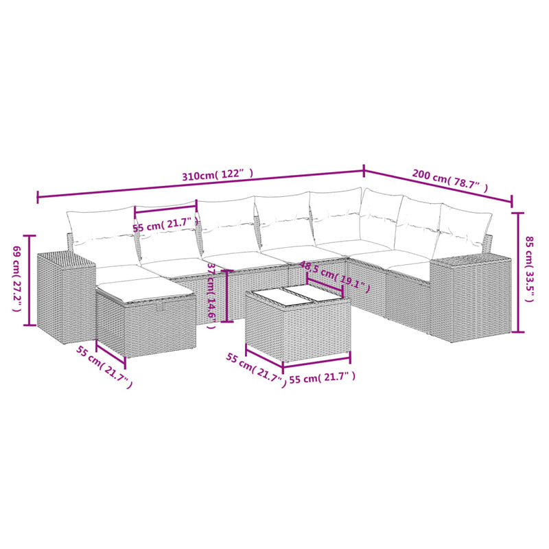 vidaXL 9 Piece Garden Sofa Set with Cushions Black Poly Rattan