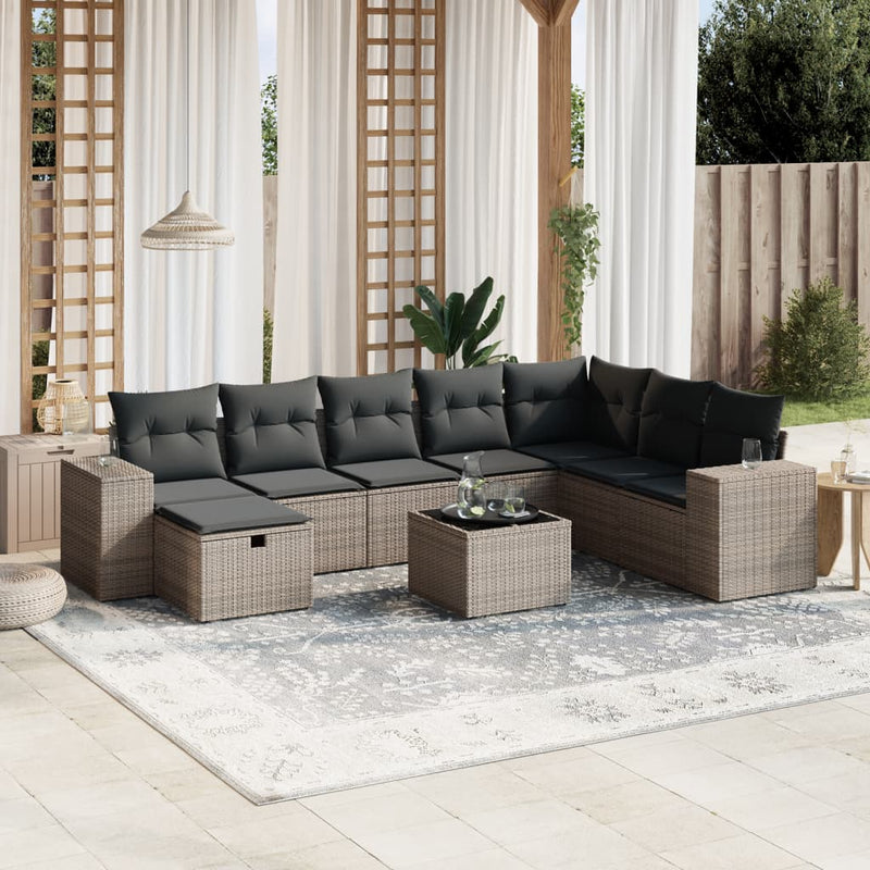 9 Piece Garden Sofa Set with Cushions Grey Poly Rattan