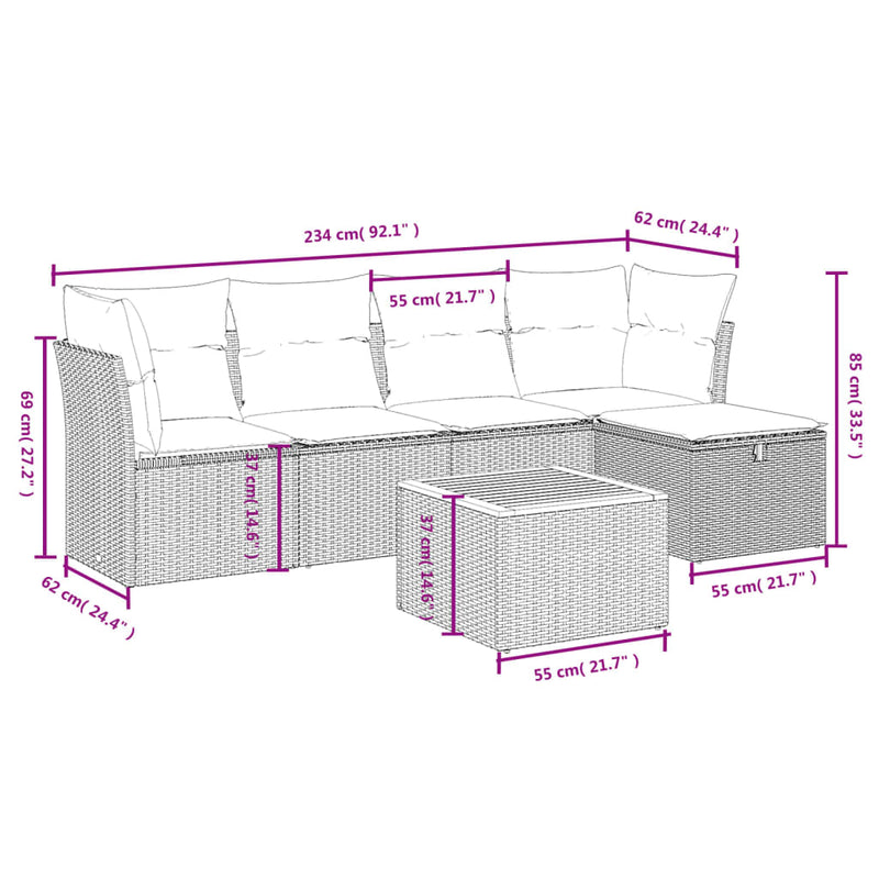 vidaXL 6 Piece Garden Sofa Set with Cushions Grey Poly Rattan