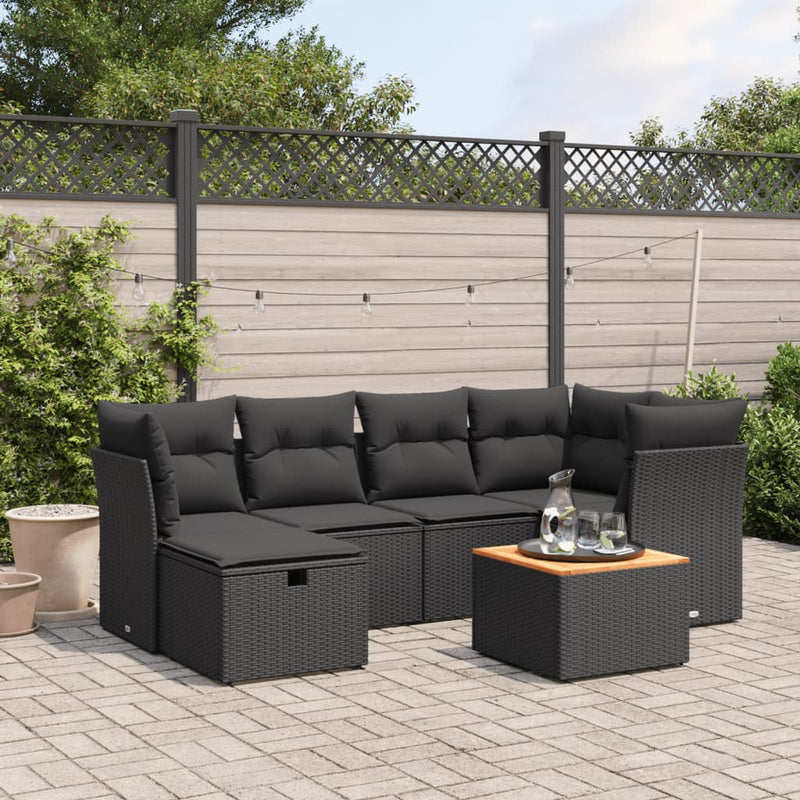 vidaXL 7 Piece Garden Sofa Set with Cushions Black Poly Rattan