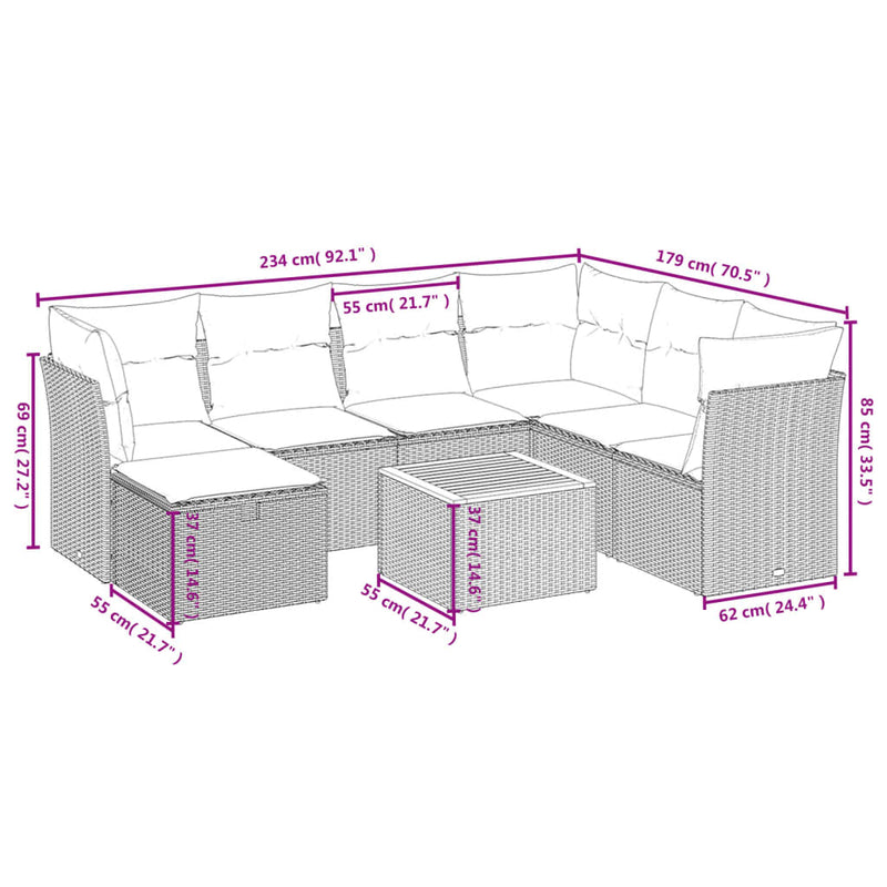 vidaXL 8 Piece Garden Sofa Set with Cushions Grey Poly Rattan