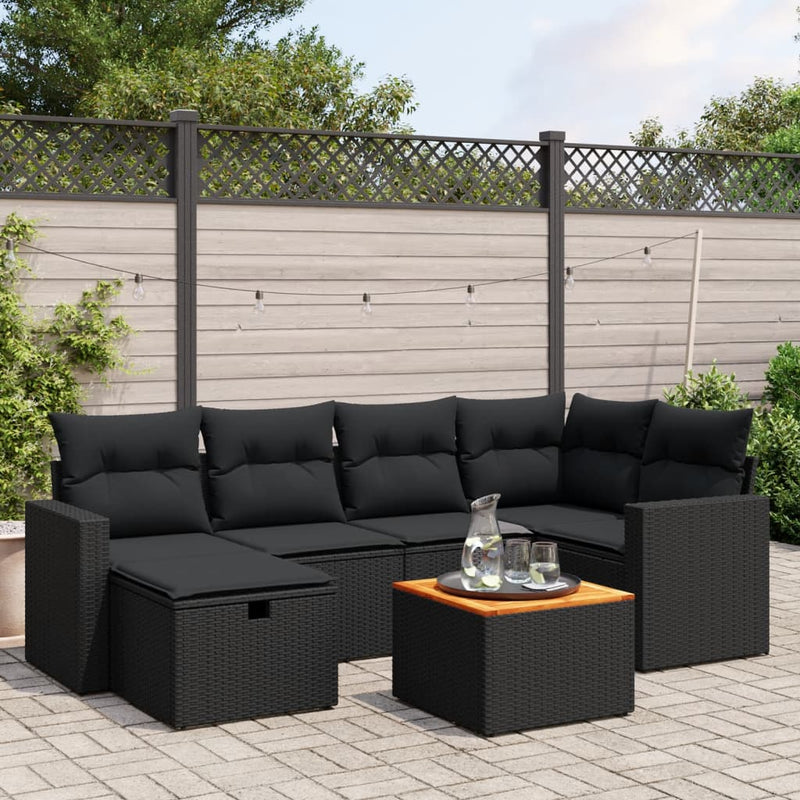 vidaXL 7 Piece Garden Sofa Set with Cushions Black Poly Rattan