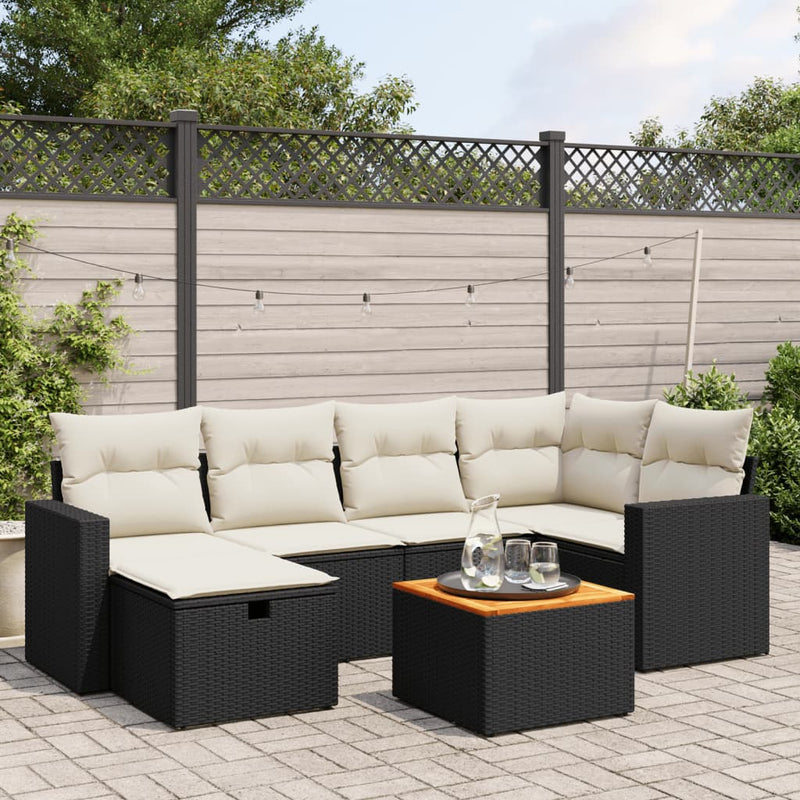 vidaXL 7 Piece Garden Sofa Set with Cushions Black Poly Rattan