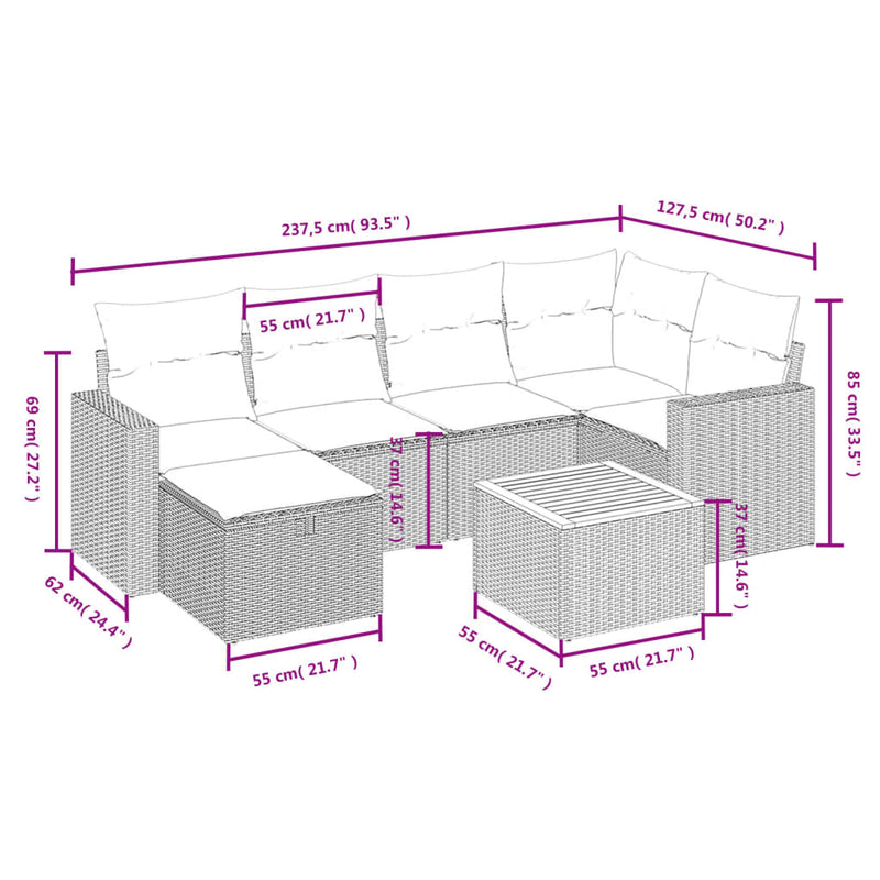 vidaXL 7 Piece Garden Sofa Set with Cushions Grey Poly Rattan