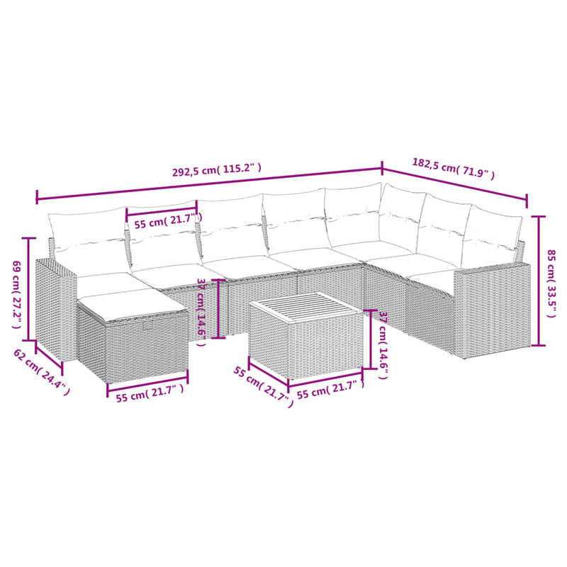 vidaXL 9 Piece Garden Sofa Set with Cushions Grey Poly Rattan
