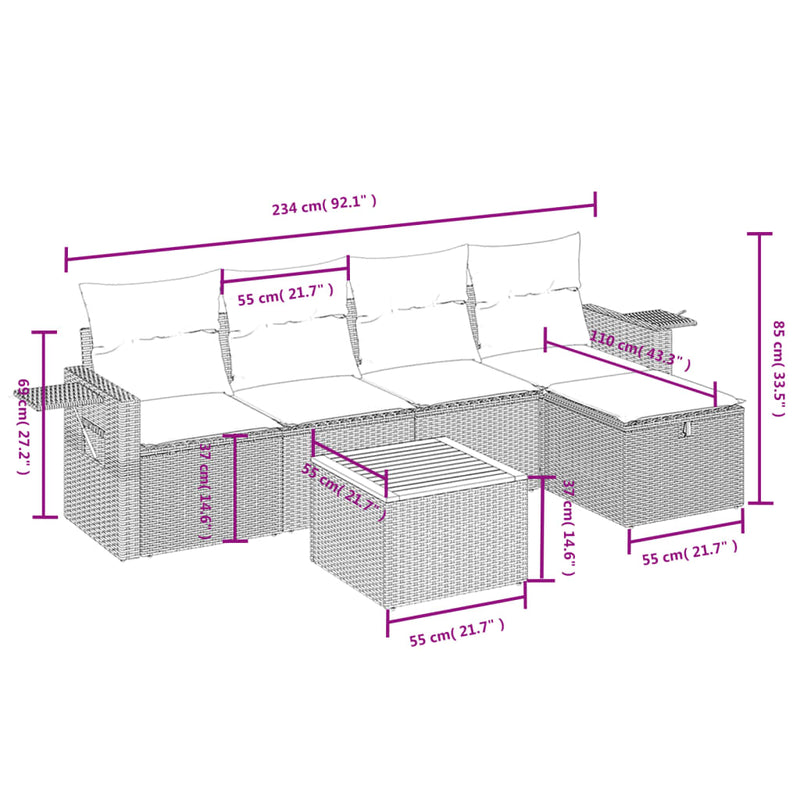 vidaXL 6 Piece Garden Sofa Set with Cushions Black Poly Rattan