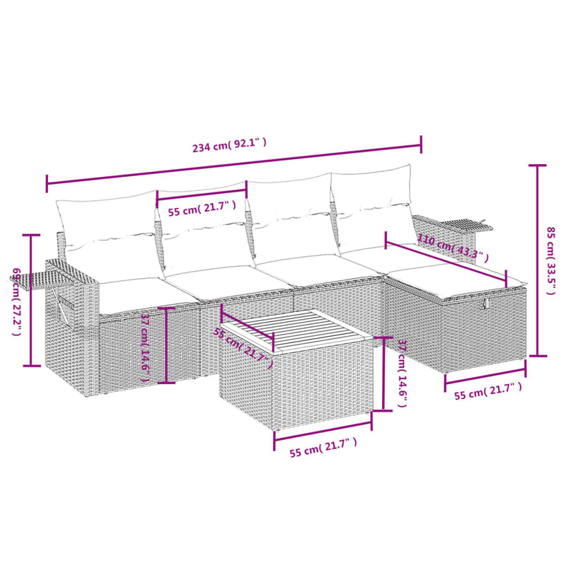 vidaXL 6 Piece Garden Sofa Set with Cushions Grey Poly Rattan