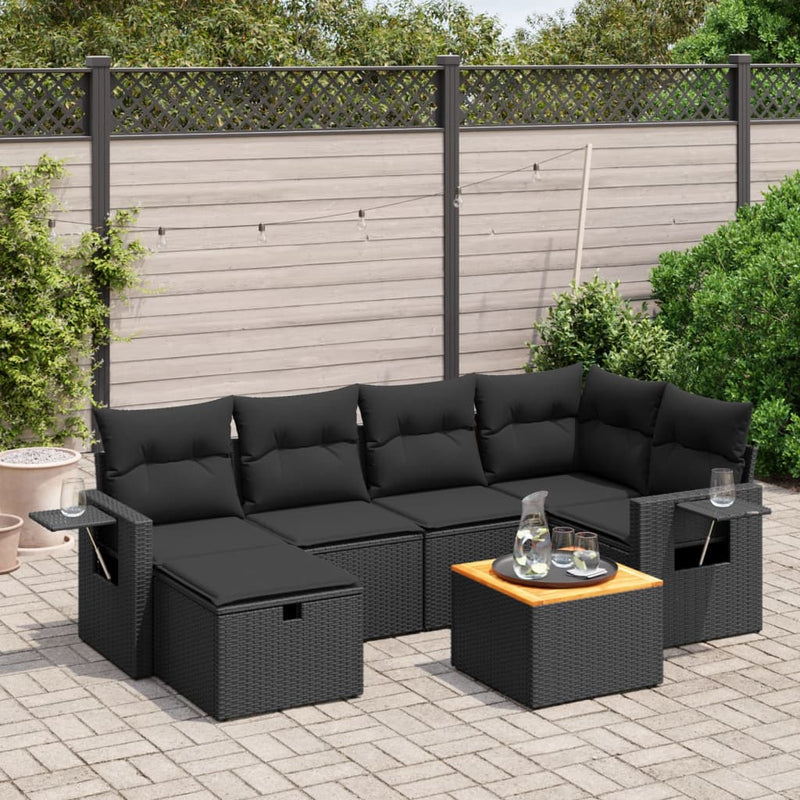 vidaXL 7 Piece Garden Sofa Set with Cushions Black Poly Rattan