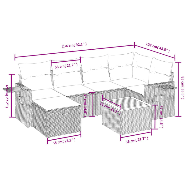 7 Piece Garden Sofa Set with Cushions Grey Poly Rattan