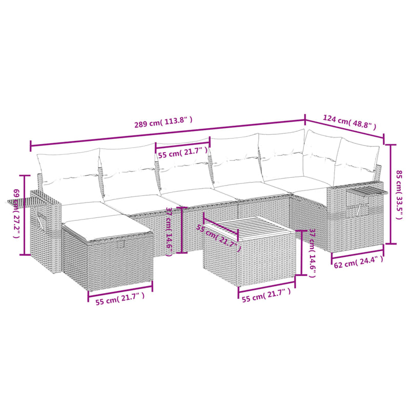 vidaXL 8 Piece Garden Sofa Set with Cushions Grey Poly Rattan