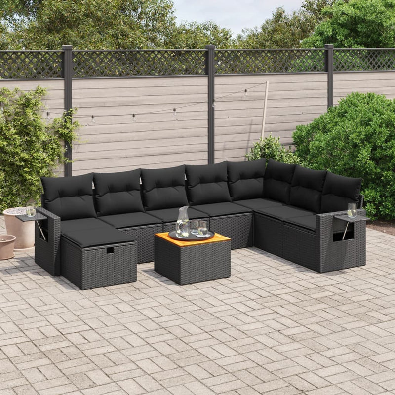vidaXL 9 Piece Garden Sofa Set with Cushions Black Poly Rattan