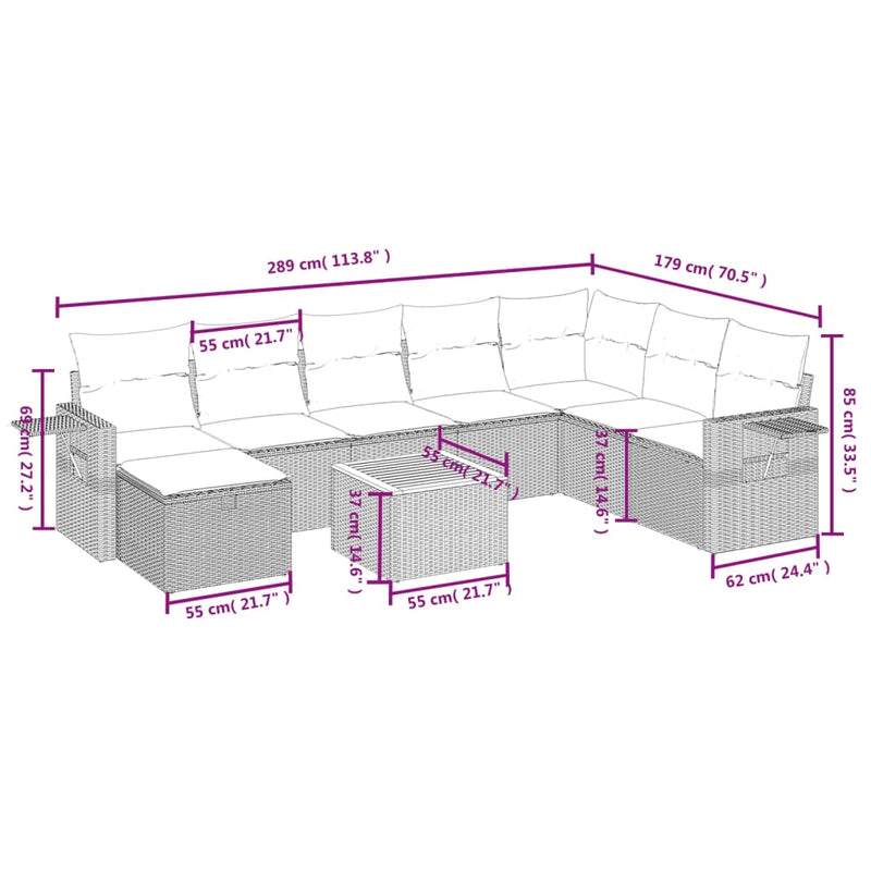 vidaXL 9 Piece Garden Sofa Set with Cushions Grey Poly Rattan
