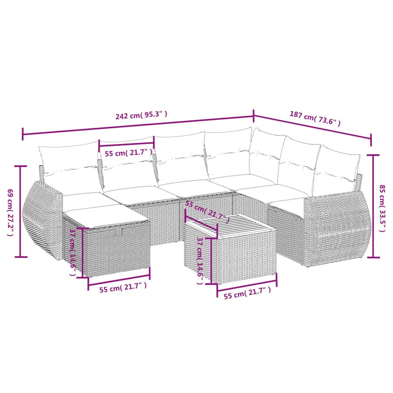 vidaXL 8 Piece Garden Sofa Set with Cushions Grey Poly Rattan
