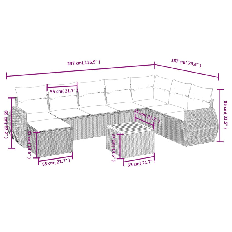 vidaXL 9 Piece Garden Sofa Set with Cushions Grey Poly Rattan