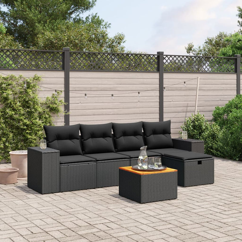 vidaXL 6 Piece Garden Sofa Set with Cushions Black Poly Rattan