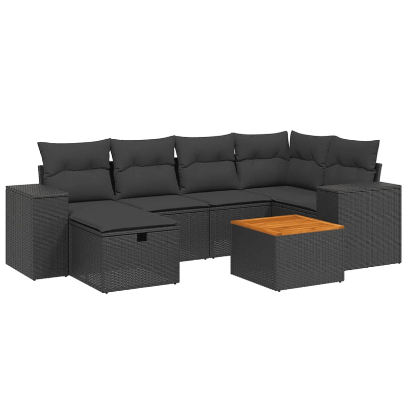 vidaXL 7 Piece Garden Sofa Set with Cushions Black Poly Rattan