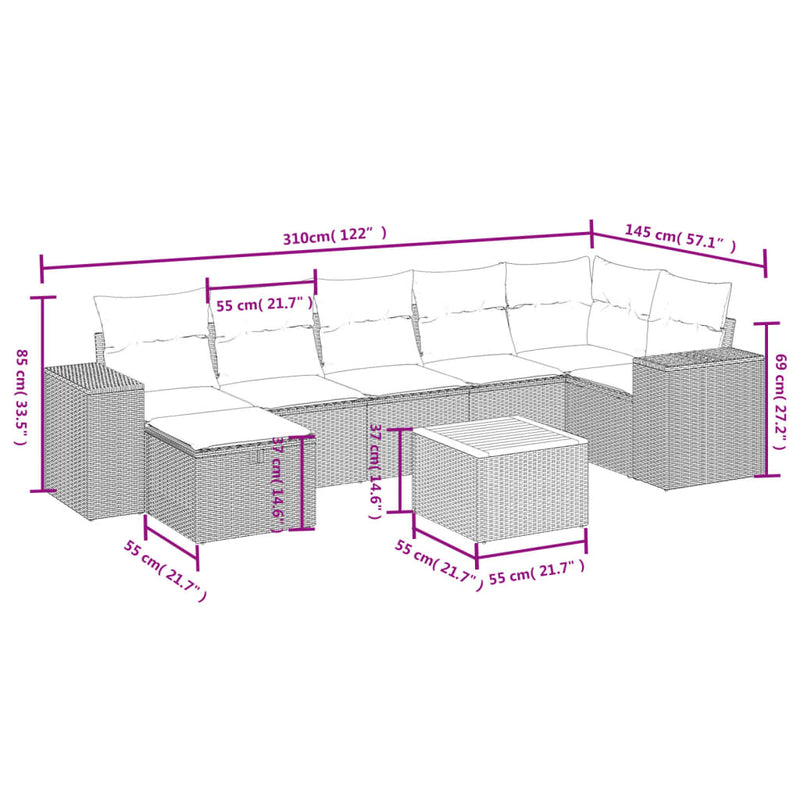 8 Piece Garden Sofa Set with Cushions Grey Poly Rattan