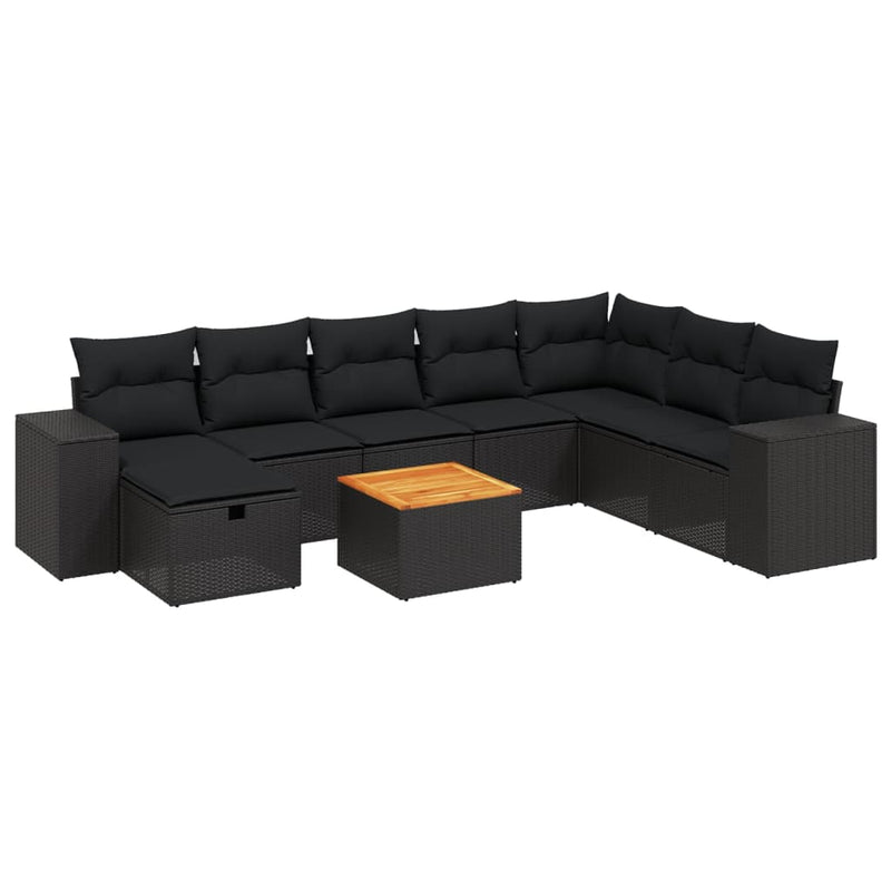 vidaXL 9 Piece Garden Sofa Set with Cushions Black Poly Rattan