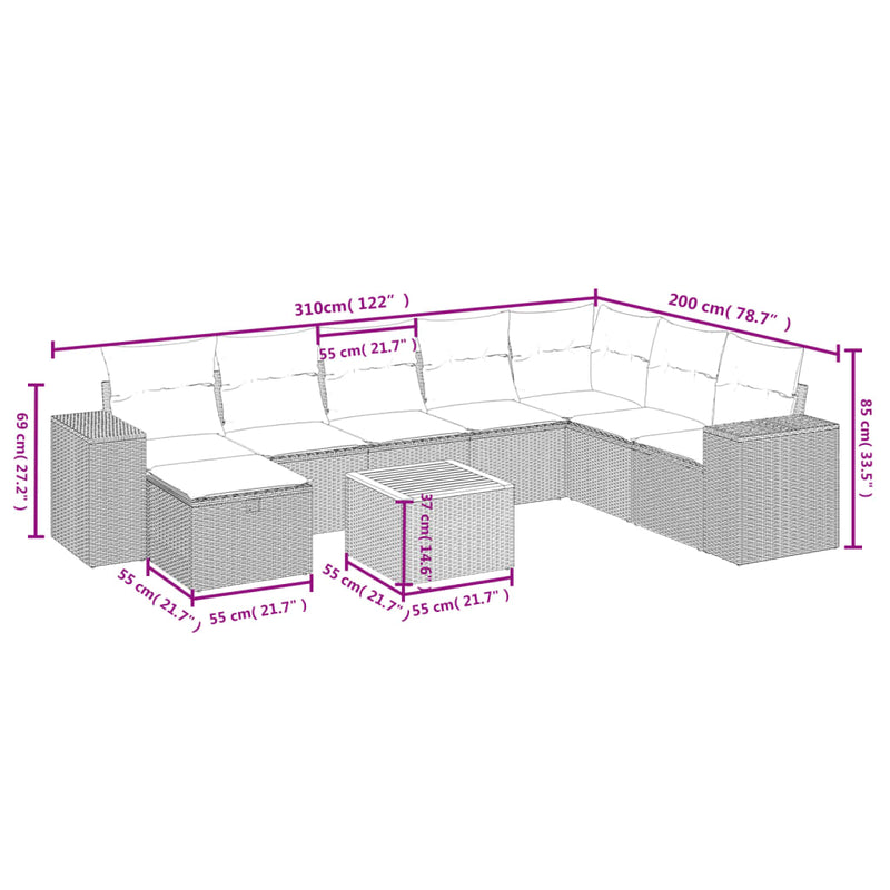 vidaXL 9 Piece Garden Sofa Set with Cushions Black Poly Rattan