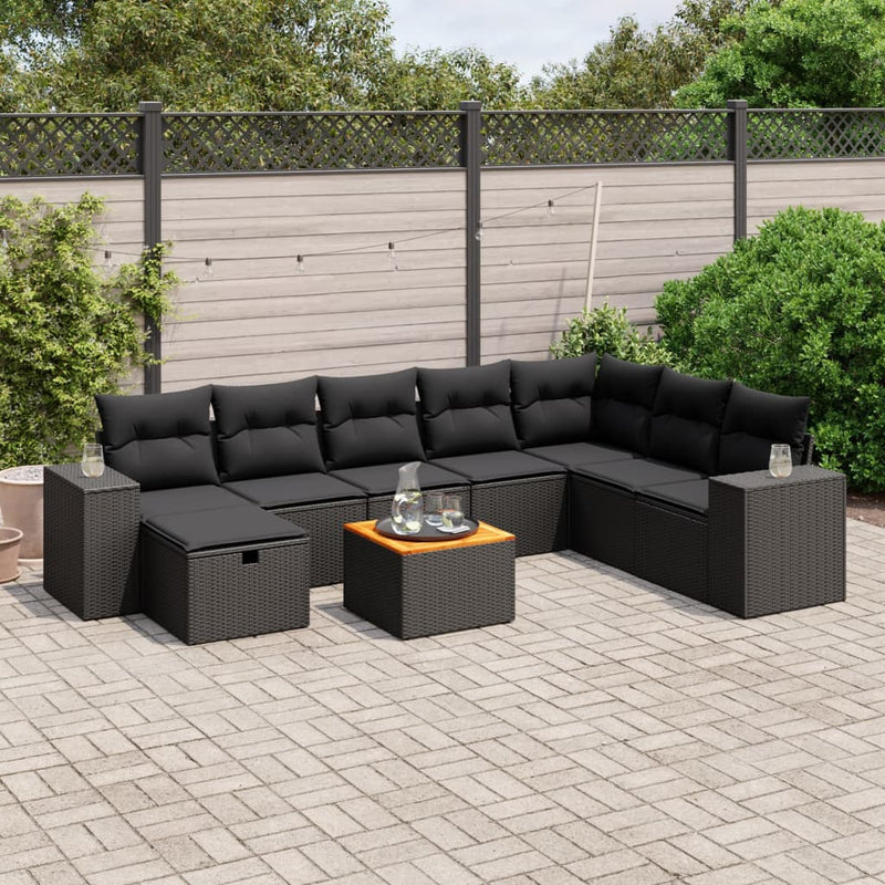 vidaXL 9 Piece Garden Sofa Set with Cushions Black Poly Rattan