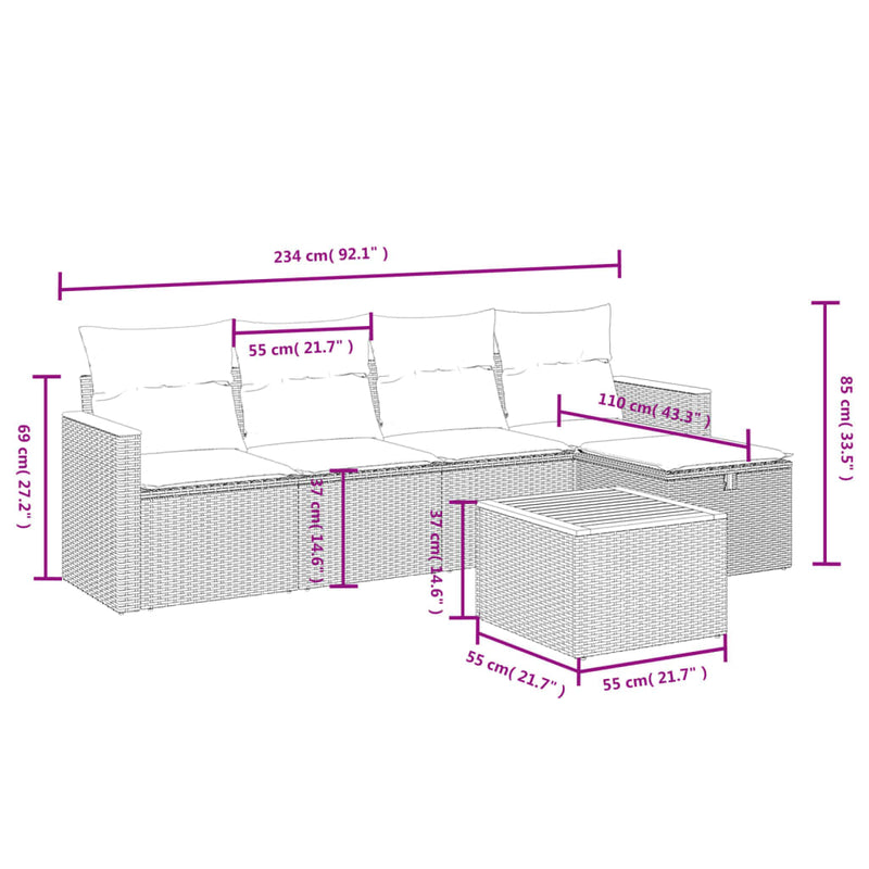 vidaXL 6 Piece Garden Sofa Set with Cushions Grey Poly Rattan