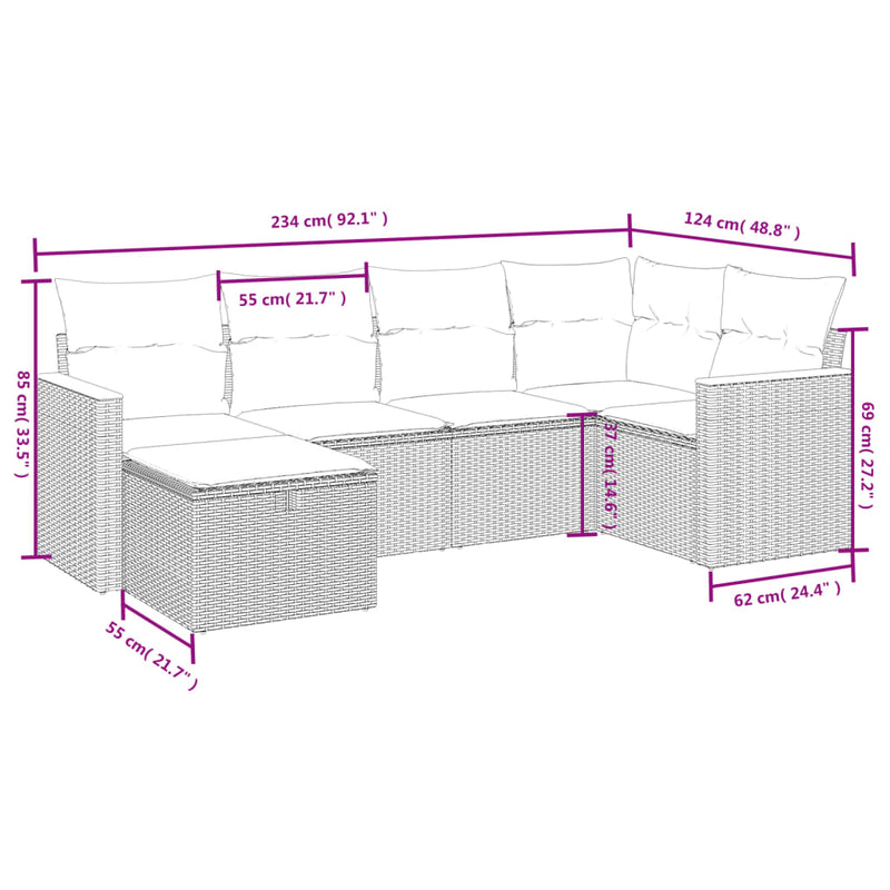 vidaXL 6 Piece Garden Sofa Set with Cushions Grey Poly Rattan